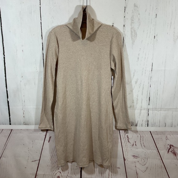 Old Navy Dresses & Skirts - Old Navy Ribbed Turtleneck Mini Dress Women L Beige Long Sleeve Bodycon Neutral